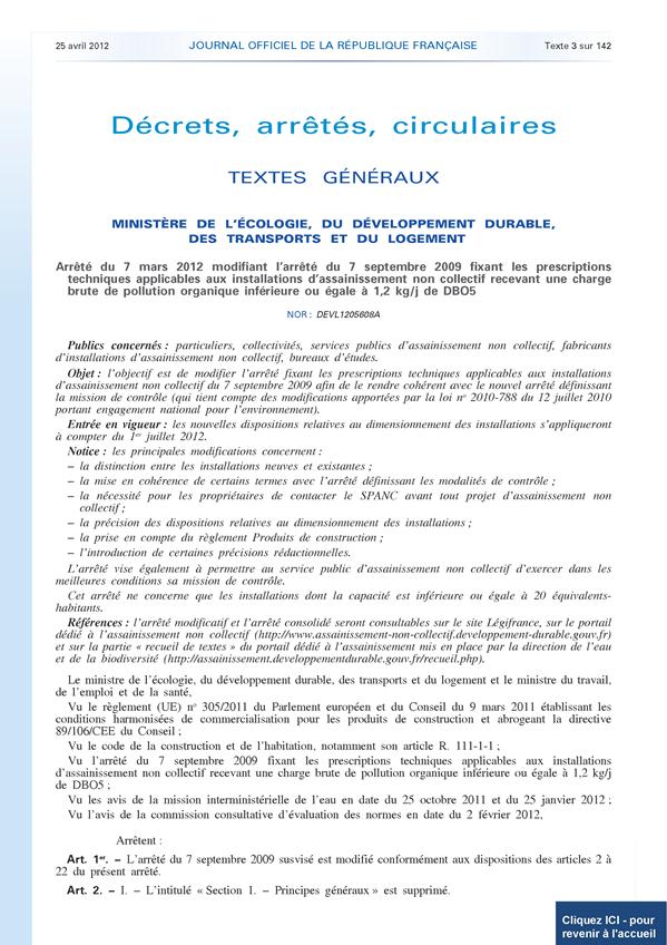 Arrêté du 7 mars 2012 modifiant l’arrêté du 7 septembre 2009 assainissement non collectif