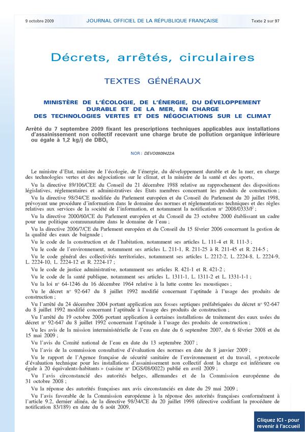 Arrêté du 7 septembre 2009 assainissement non collectif BioKlar France