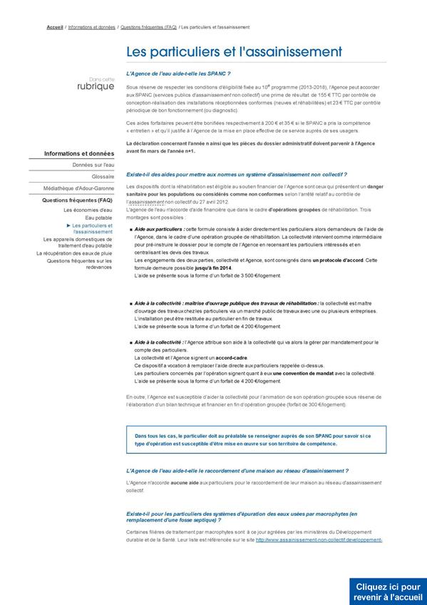Subventions pour Assainissement Non Collectif 2014 Adour-Garonne France